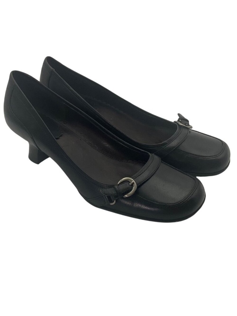 Vintage Aldo 9 Y2K Lorienne Black Leather Buckle Kitten Heel Pumps Shoes